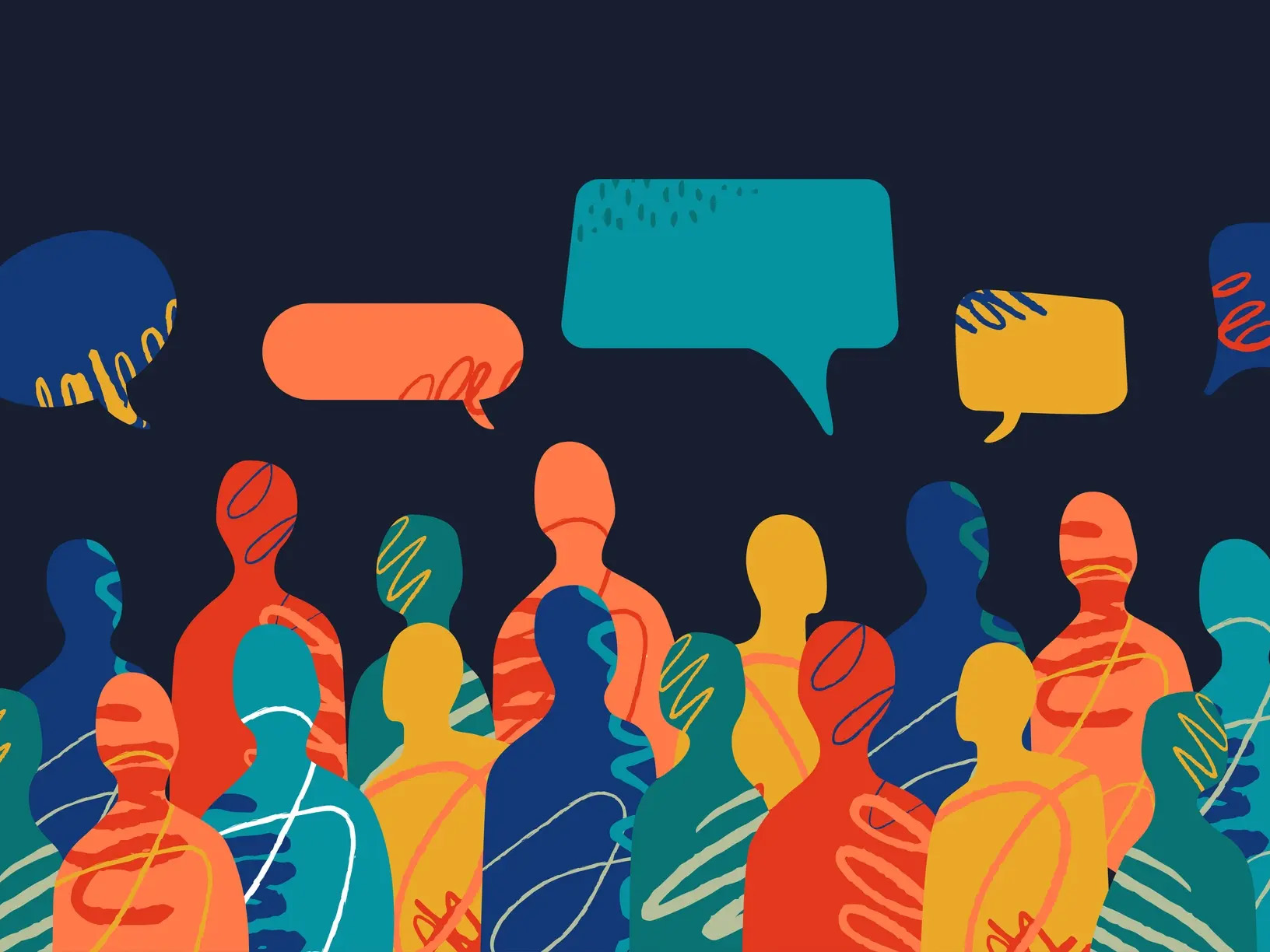 An illustration of the shilloettes of differnt colored people with different colored speech bubbles above them.